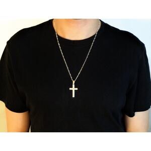 Christian 925 SOLID Sterling Silver Cross Pendant, Italian Figaro Chain For Men